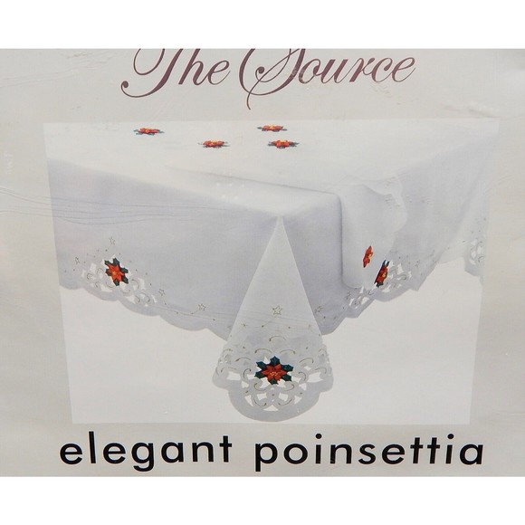 Holiday Christmas Ribbon Poinsettia White Tablecloth Cut Cloth Gold Thread NOS - Picture 6 of 8